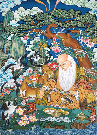 Gandhanra Tibetan Thangka Art -  Fulushou - God of Longevity - from Kathok Monastery - Giclee Print with Mineral Pigments