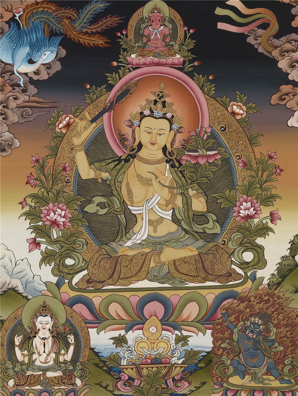 Manjusri - Tibetan thangka painting, front view