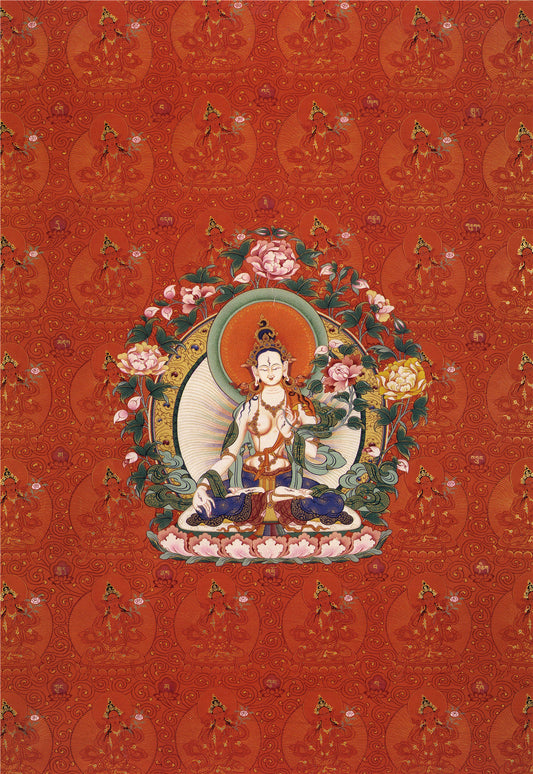 Gandhanra Hand Framed Tibetan Thangka Art,White Tara, Buddhist Tapestry,Giclee Print with Mineral Pigments,48" × 32"