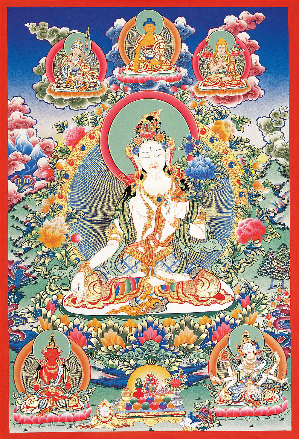 Gandhanra Hand Framed Tibetan Thangka Art,White Tara, Buddhist Tapestry,Giclee Print with Mineral Pigments,48" × 32"