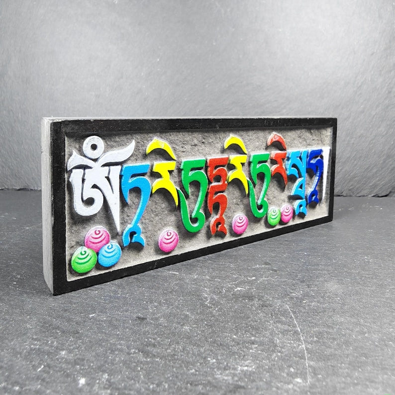 6 Mantras Stones - Artisanal Hand-Carved Mani Stones - Tibetan Buddhist art, view 5
