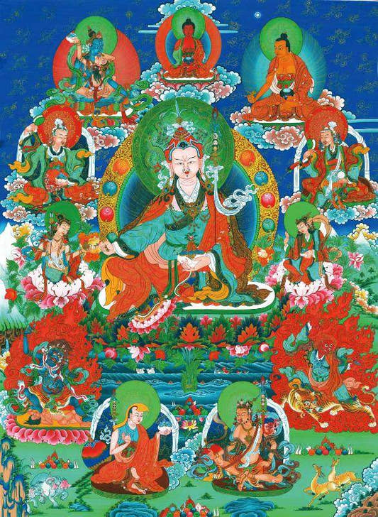 Eight Manifestations of Guru Rinpoche - Padmasambhava - Tibetan thangka painting, front view