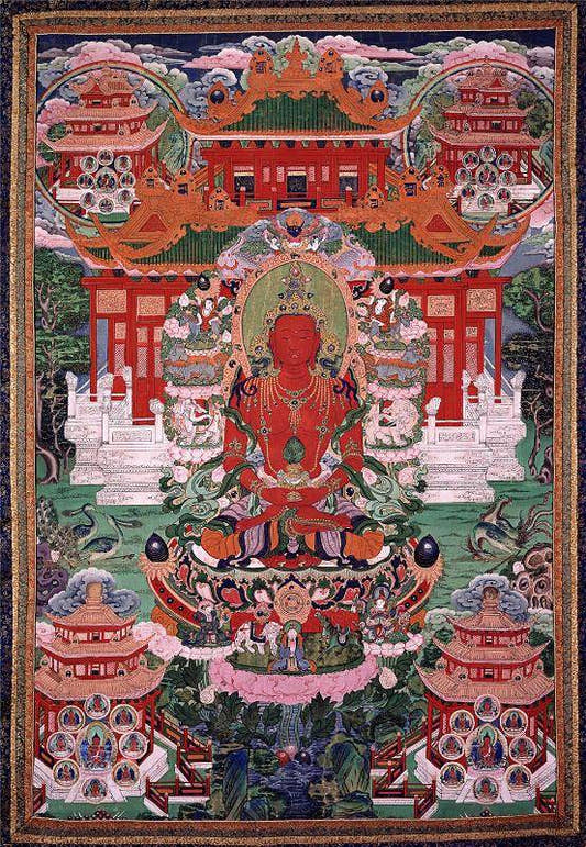 Amitayus - the Buddha of Longevity - Tibetan thangka painting, front view