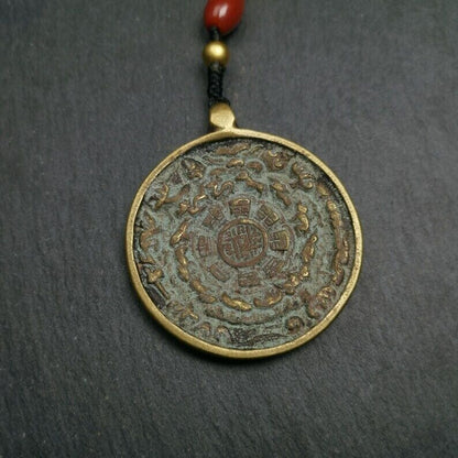 Gandhanra Vintage Tibetan Buddhist Calendar Amulet Sipaho Badge - Lima Brass Melong Mirror Protective Charm Feng Shui Pendant,44mm