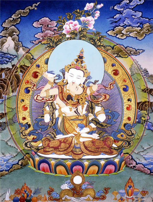 Vajrasattva in Yab Yum - Tibetan thangka painting, front view