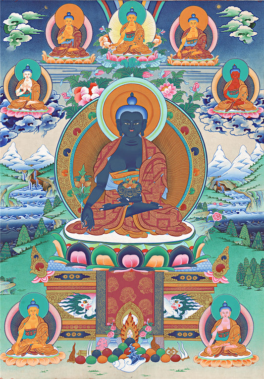 Gandhanra Tibetan Thangka Art - Bhaisajyaguru - Eight Medicine Buddhas - from Kathok Monastery - Giclee Print with Mineral Pigments