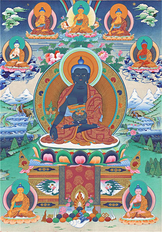 Medicine Buddha Image - Tibetan thangka painting, front view