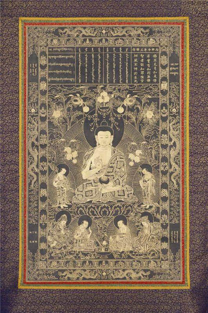 Kanakamuni Buddha - Tibetan thangka painting, front view
