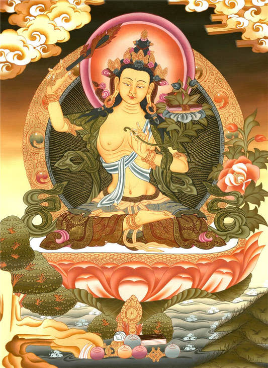 Manjusri - Tibetan thangka painting, front view