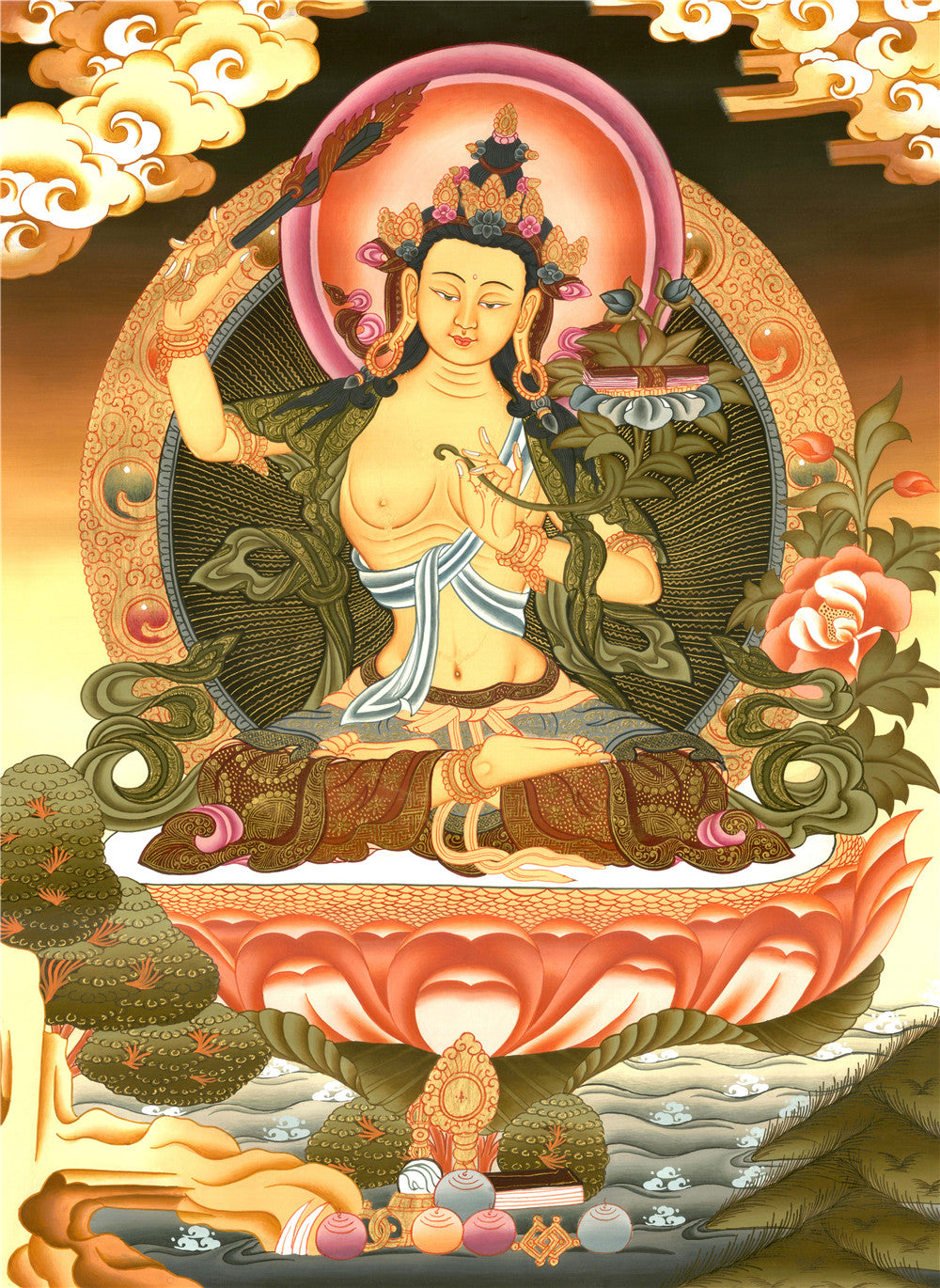 Gandhanra Tibetan Thangka Art - Manjusri - from Kathok Monastery - Giclee Print with Mineral Pigments