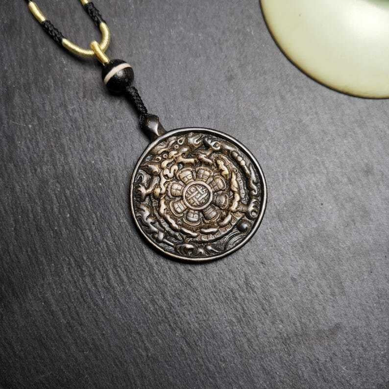 Gandhanra Vintage Tibetan Buddhist Calendar Amulet Black Sipaho Badge - Lima Brass Melong Mirror Protective Charm Feng Shui Pendant,43mm