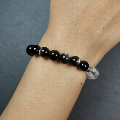 Gandhanra Handmade Tibetan Obsidian + Crystal Wrist Mala, 0.3" Prayer Beads Bracelet,7.5 inches Circumference