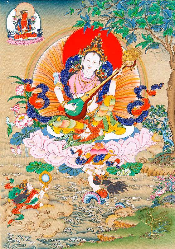 Saraswati དབྱངས་ཅན་མ། - Tibetan thangka painting, front view