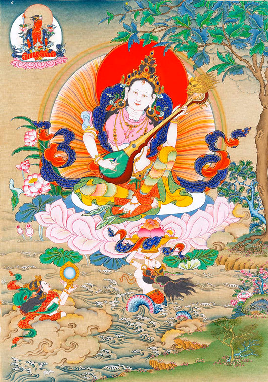 Gandhanra Tibetan Thangka Art - Sarasvati - from Kathok Monastery - Giclee Print with Mineral Pigments