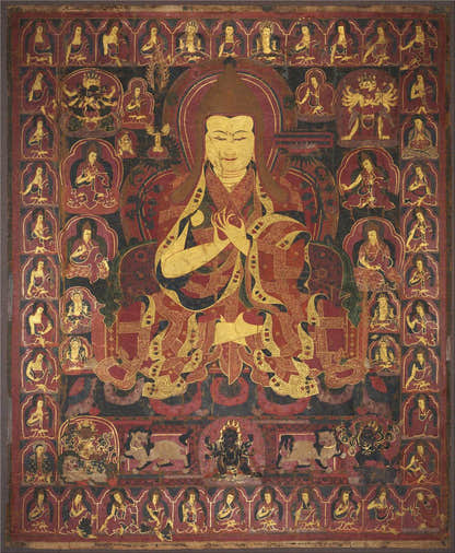 Tsongkhapa - 17th Century - Tibetan thangka painting, front view