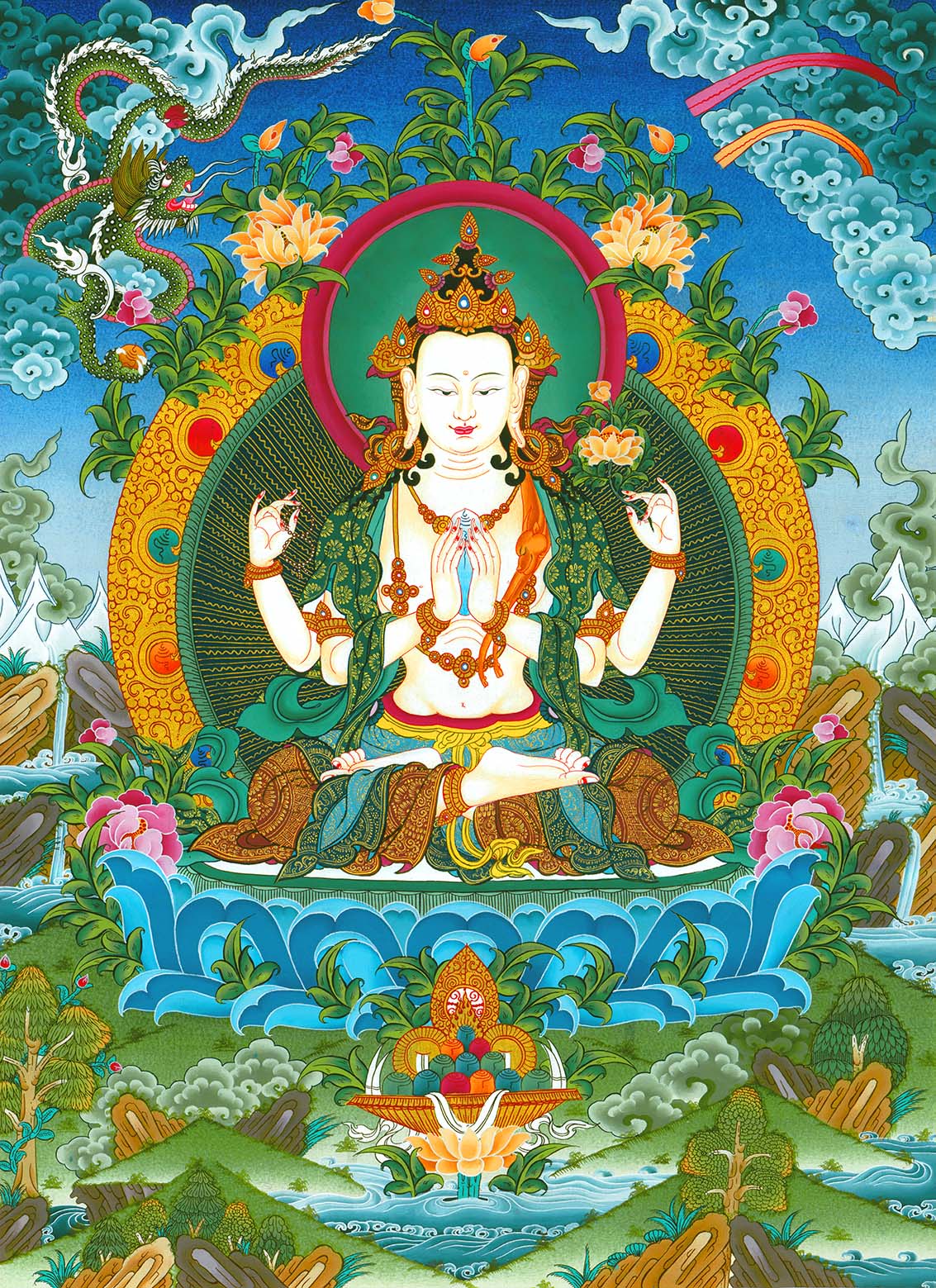 Gandhanra Tibetan Thangka Art - Chenrezig - Padmapani - from Kathok Monastery - Giclee Print with Mineral Pigments