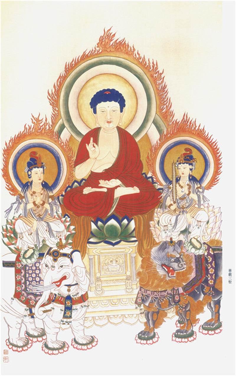 Shakyamuni,Manjusri,Samantabhadra Image - Tibetan thangka painting, front view