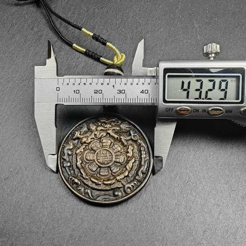 Gandhanra Vintage Tibetan Buddhist Calendar Amulet Black Sipaho Badge - Lima Brass Melong Mirror Protective Charm Feng Shui Pendant,43mm