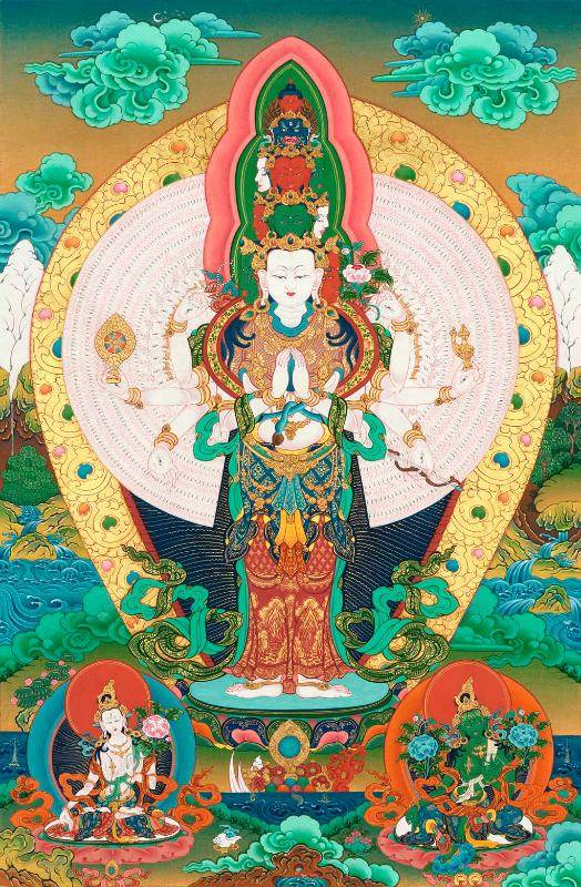 The Thousand-hand Avalokiteshvara - Tibetan thangka painting, front view