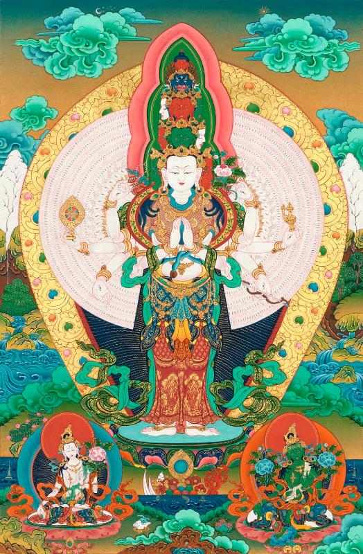 Gandhanra Tibetan Thangka Art - The Thousand-hand Avalokiteshvara - Great White Parasol - from Kathok Monastery - Giclee Print with Mineral Pigments