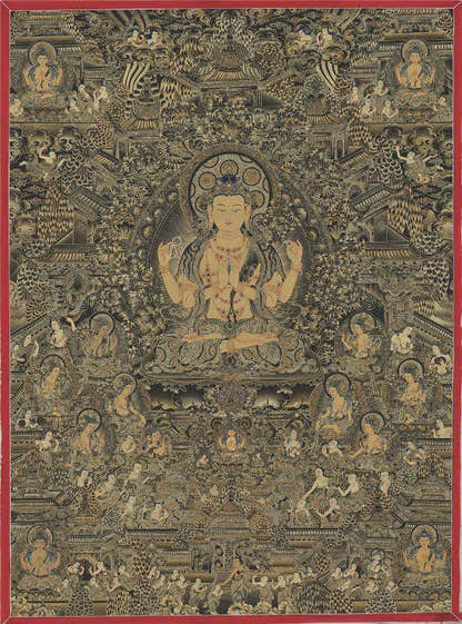 Chenrezig Pure Land - Tibetan thangka painting, front view