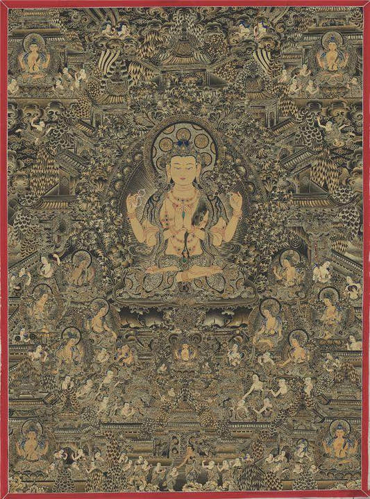 Chenrezig Pure Land - Tibetan thangka painting, front view