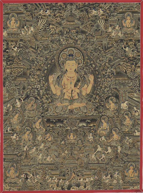 Chenrezig Pure Land - Tibetan thangka painting, front view