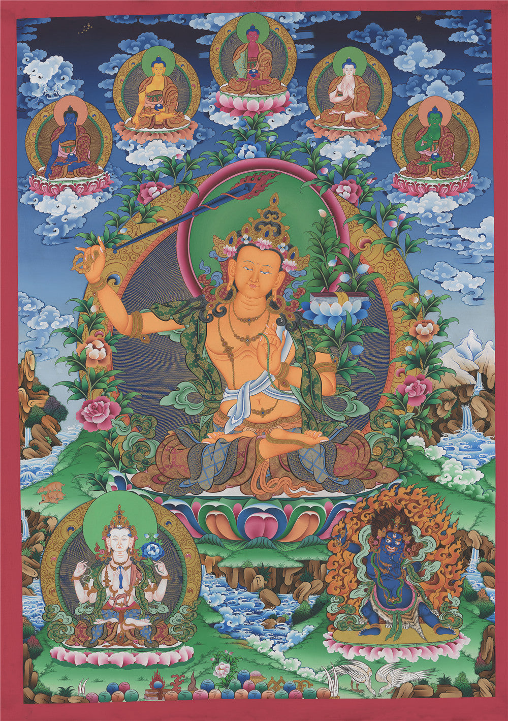 Gandhanra Tibetan Thangka Art - Manjusri - from Kathok Monastery - Giclee Print with Mineral Pigments