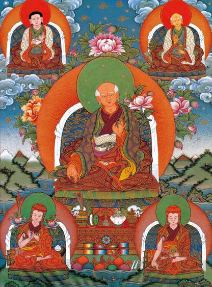 The Sa skya School's Five Forefathers - Tibetan thangka painting, front view