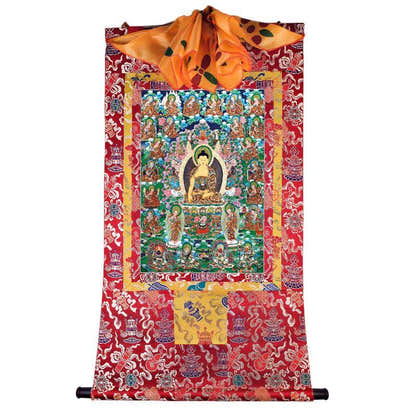 Shakyamuni and Eighteen Arhats - Tibetan thangka painting, detailed view