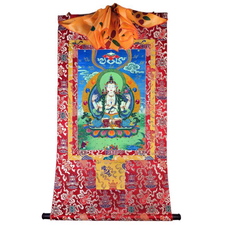 Chenrezig - Tibetan thangka painting, detailed view