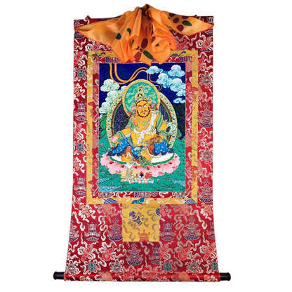 Yellow Jambhala - Tibetan thangka painting, detailed view