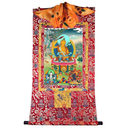 Manjushri Chenrezig Vajrapani - Tibetan thangka painting, detailed view