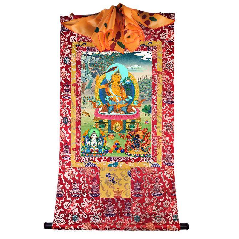 Manjushri Chenrezig Vajrapani - Tibetan thangka painting, detailed view