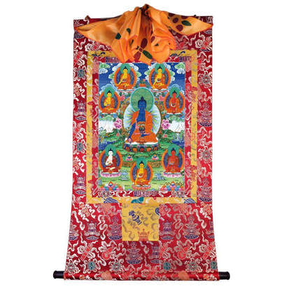 Bhaisajyaguru - Eight Medicine Buddhas - Tibetan thangka painting, detailed view