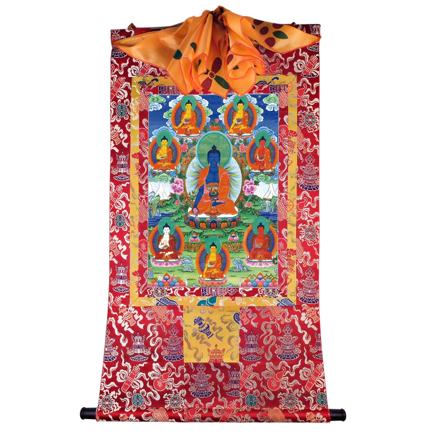 Gandhanra Tibetan Thangka Art - Bhaisajyaguru - Eight Medicine Buddhas - from Kathok Monastery - Giclee Print with Mineral Pigments