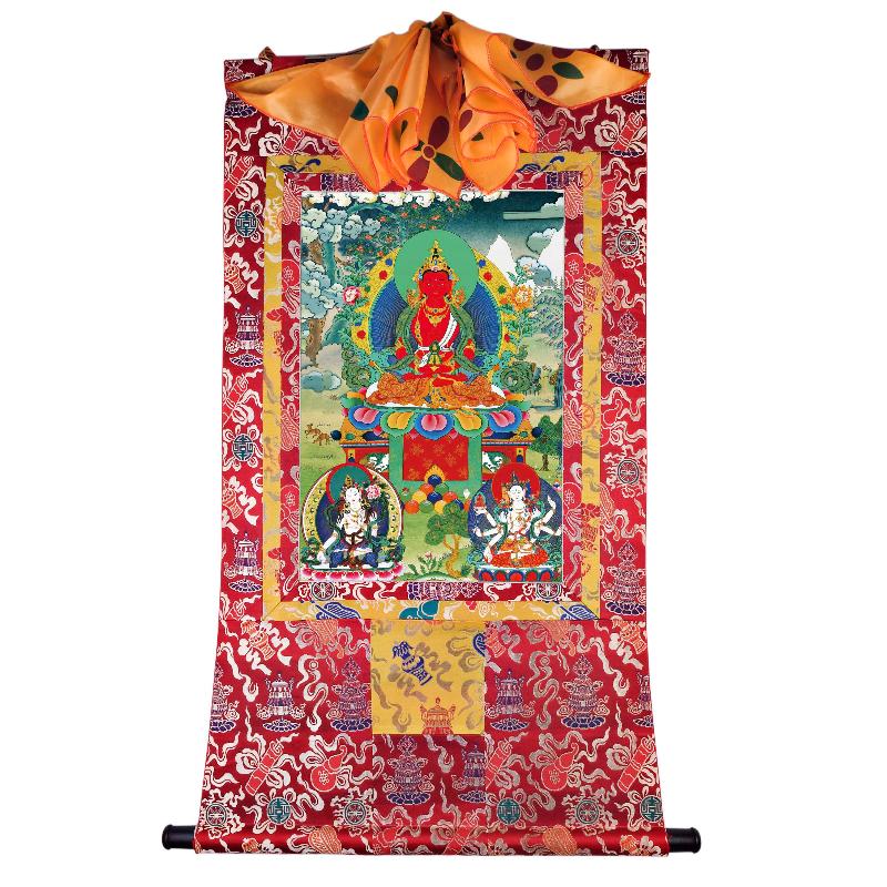 Gandhanra Tibetan Thangka Art - Amitayus - Three Buddhas of Longevity - from Kathok Monastery - Giclee Print with Mineral Pigments