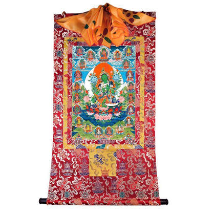 The 21 Taras - Green Tara - Tibetan thangka painting, detailed view