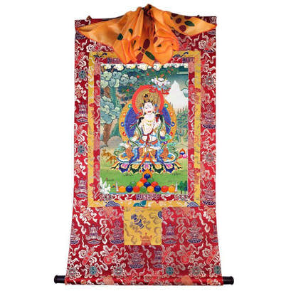Usnisa Sitatapatra - Great White Parasol - Tibetan thangka painting, detailed view