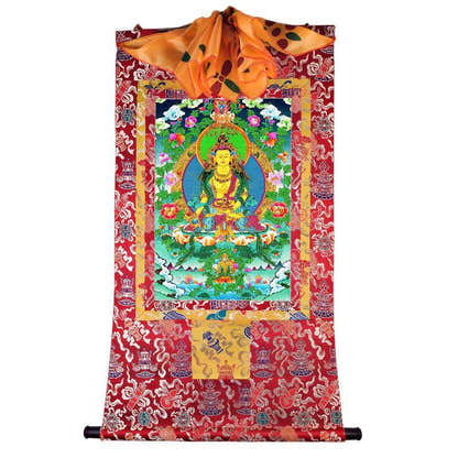 Ksitigarbha Bodhisattva - Tibetan thangka painting, detailed view
