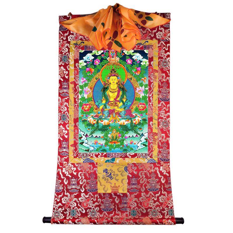 Ksitigarbha Bodhisattva - Tibetan thangka painting, detailed view