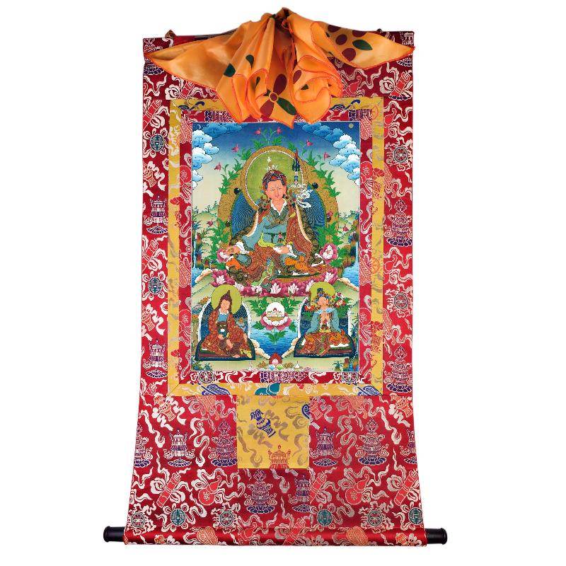 Padmasambhava - Guru Rinpoche with King Trisong Detsen & Shantarakshita - Tibetan thangka painting, detailed view
