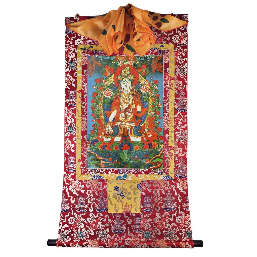 Gandhanra Hand Framed Tibetan Thangka Art,White Tara, Buddhist Tapestry,Giclee Print with Mineral Pigments,48" × 32"