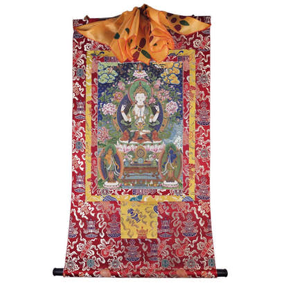 Chenrezig - Tibetan thangka painting, detailed view