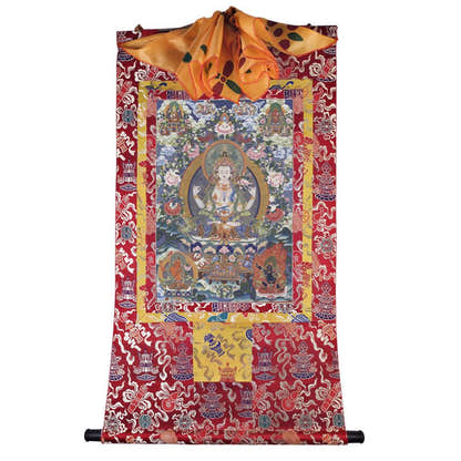 Chenrezig - Tibetan thangka painting, detailed view