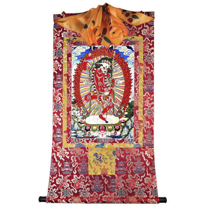Lion-faced Dakini - Simhamukha - -Simhavaktra -Longsal Sengmar - Tibetan thangka painting, detailed view