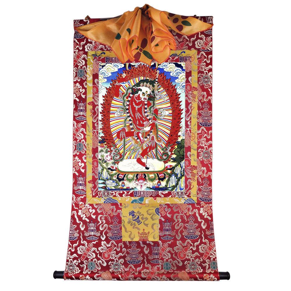 Lion-faced Dakini - Simhamukha - -Simhavaktra -Longsal Sengmar - Tibetan thangka painting, detailed view