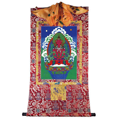 Amitayus - the Buddha of Longevity - Tibetan thangka painting, detailed view