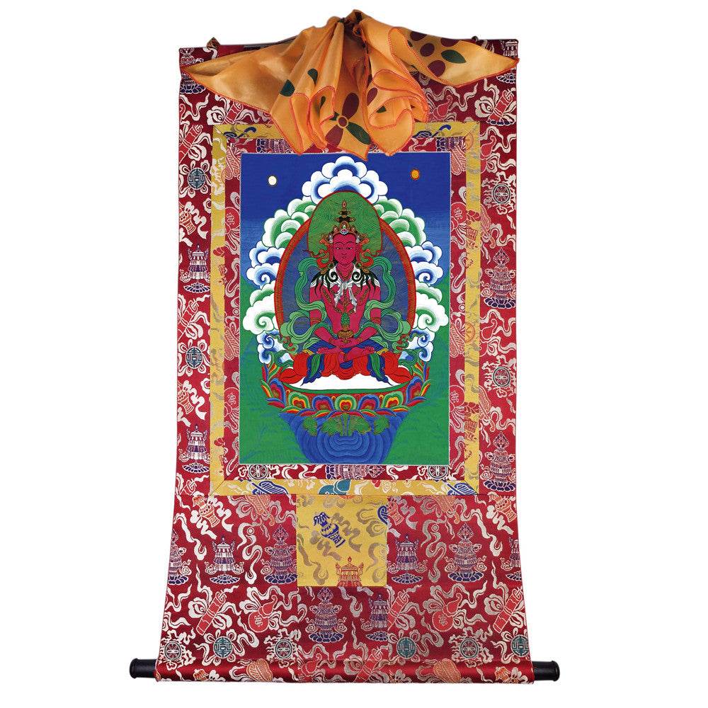 Amitayus - the Buddha of Longevity - Tibetan thangka painting, detailed view