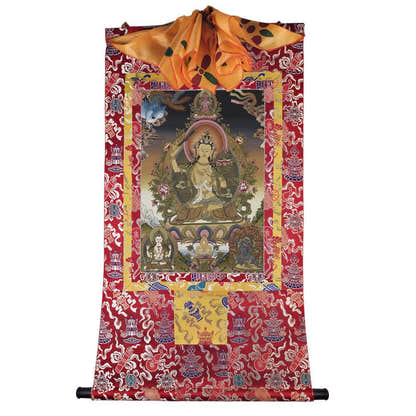 Manjusri - Tibetan thangka painting, detailed view